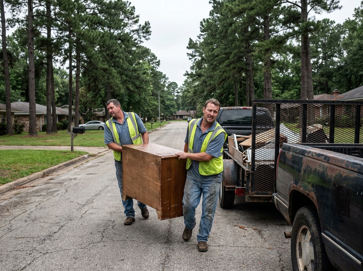 Junk removal crew carrying a dresser out to the truck in Tyler, TX