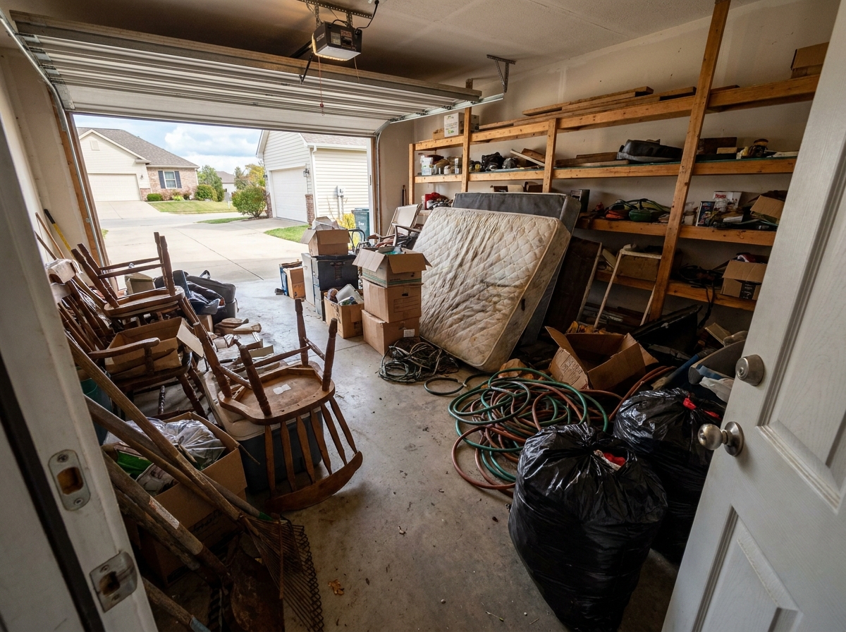 Garage packed full of clutter and junk before cleanout