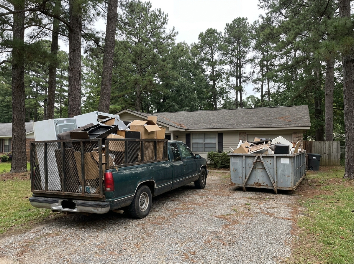 A loaded junk removal trailer parked next to a rented dumpster container