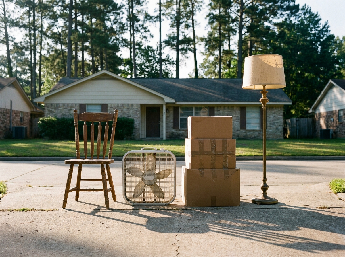 Household items staged and sorted on a driveway ready for pickup