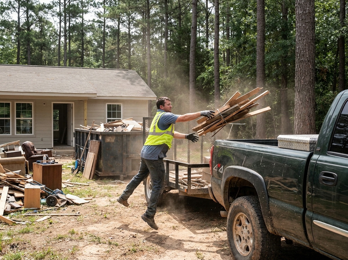 Junk removal worker tossing renovation debris into an open trailer