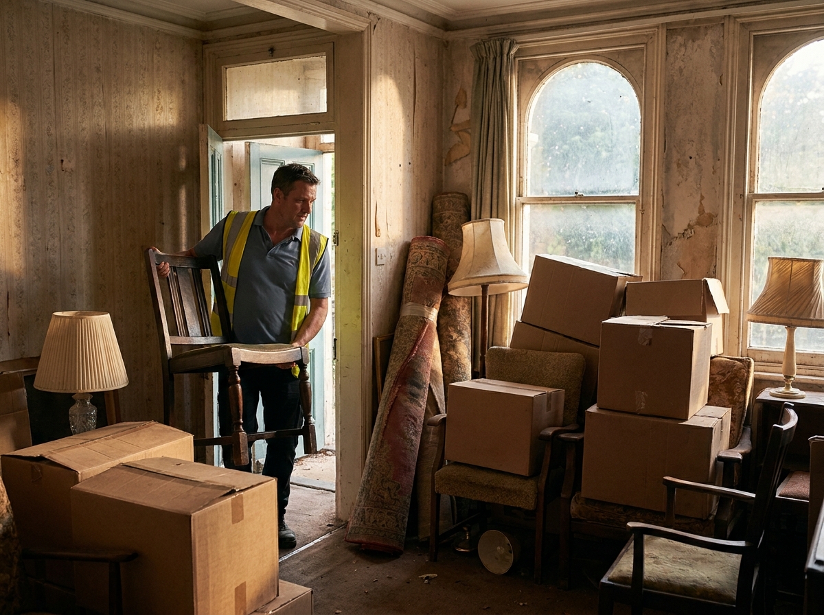 Junk removal worker carrying furniture out during a full property cleanout