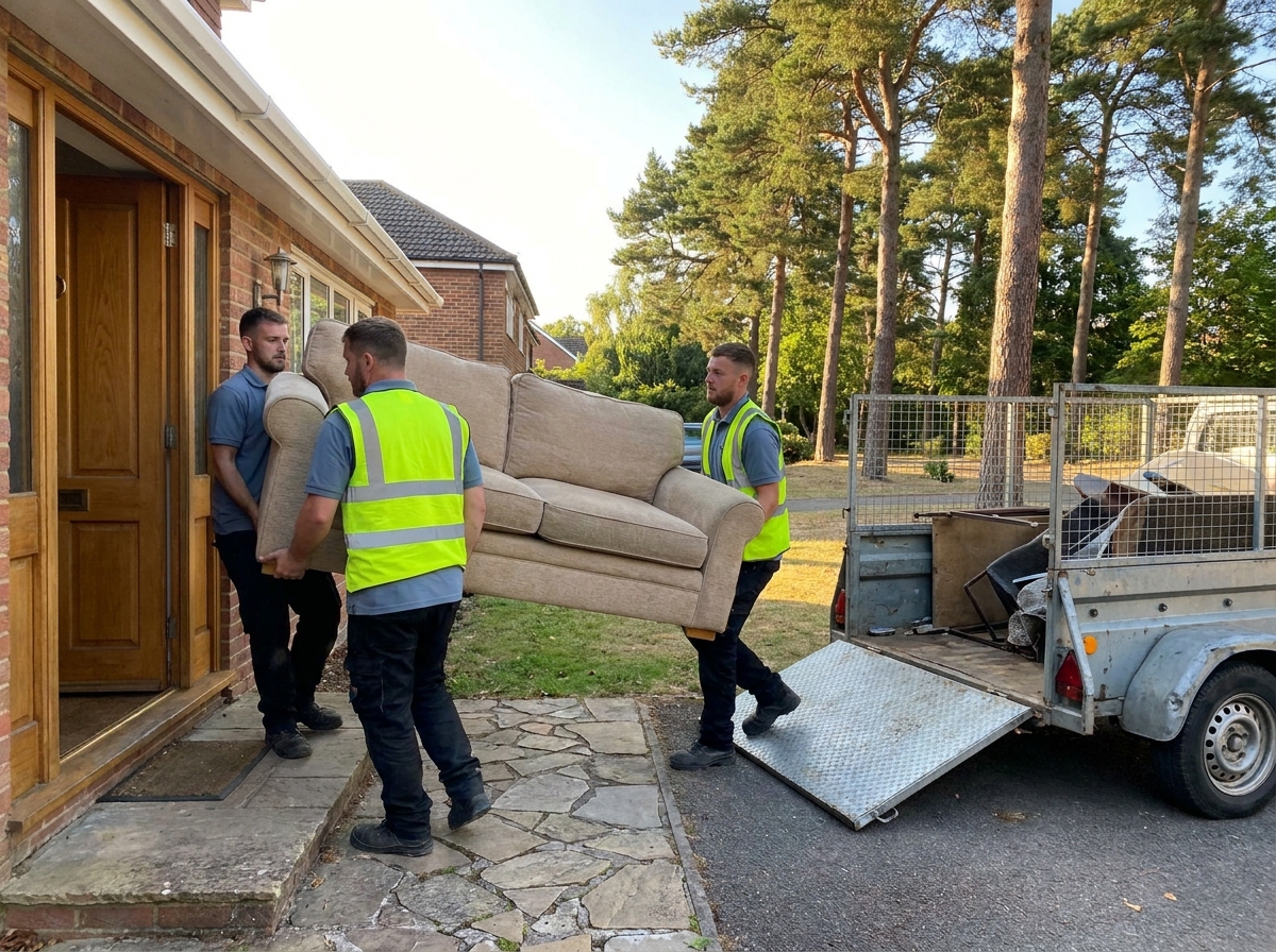 Junk removal crew carrying a sofa out to the trailer